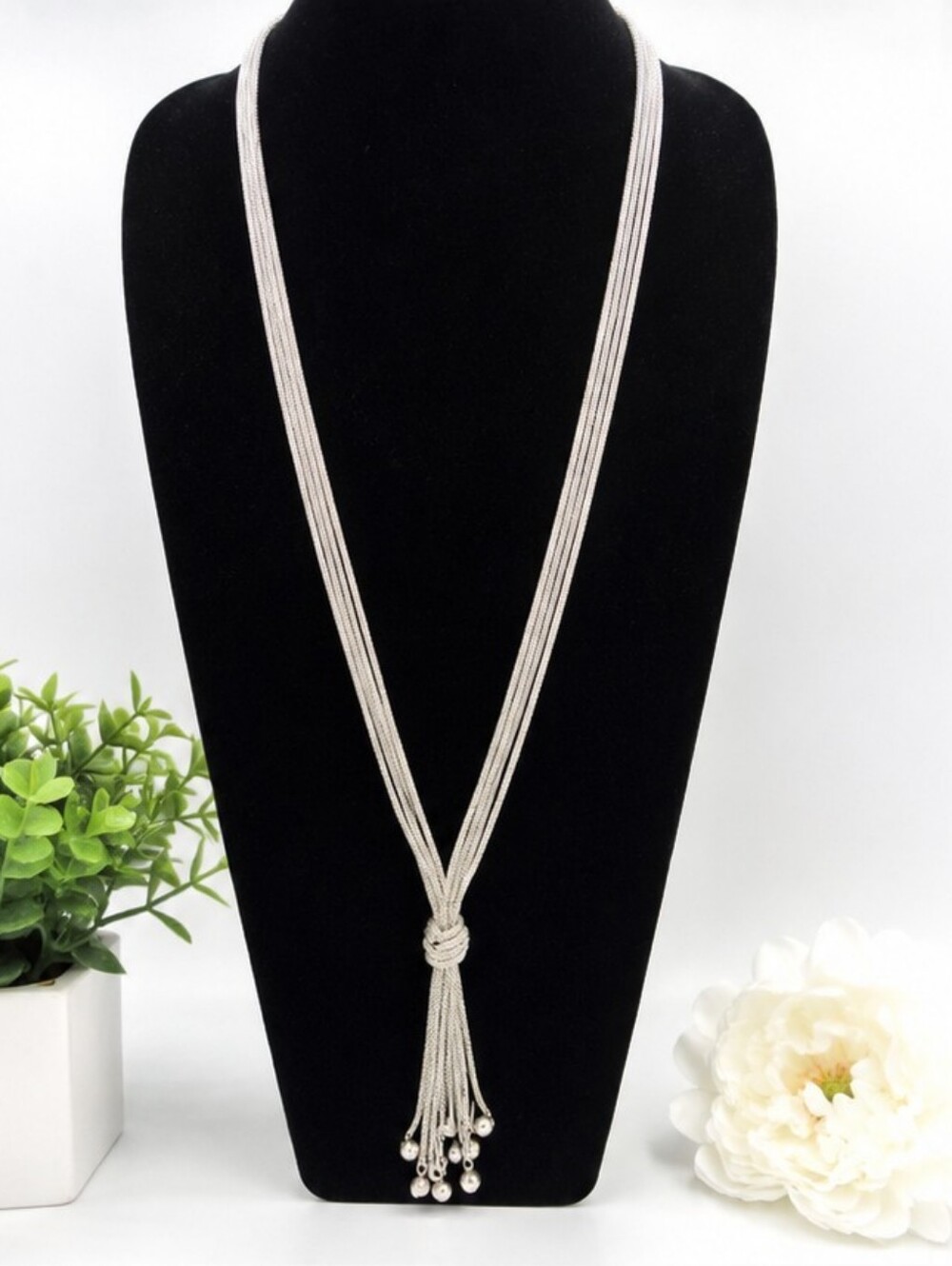 Dana Buchman NOC Silver Tone Multi Strand Tassel Necklace 26" Long Retired